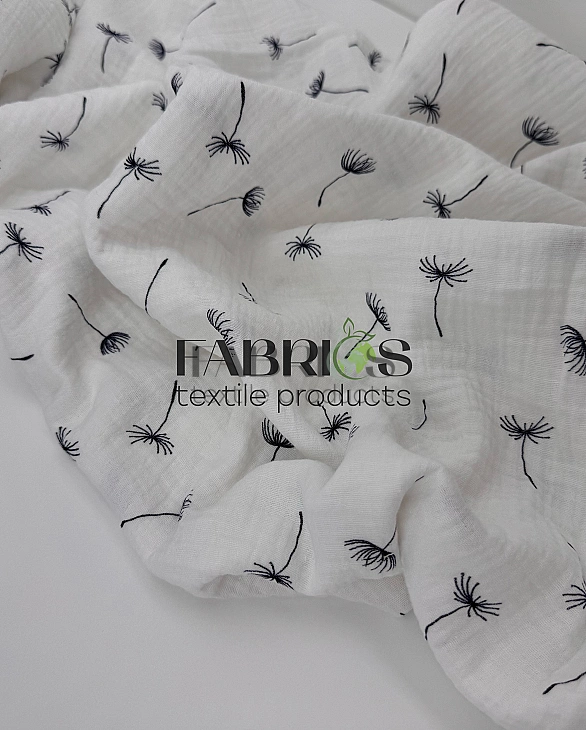 STAR-80008 | MUSLIN PRINTING-STAR-80008 Муслін жатка 2-х шаровий принт квіти кульбабка на молочному