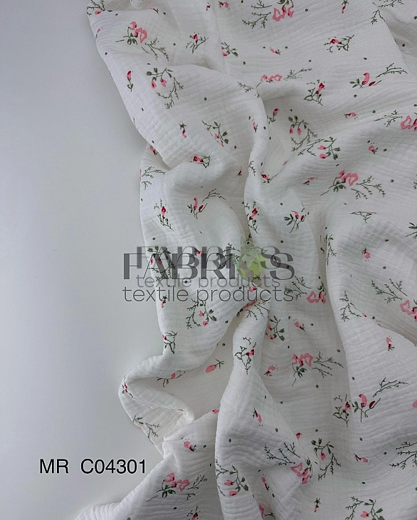 M 5002 C2 | MR C04301 | RAINBOW-C04301 Муслін жатка 2-х шаровий принт квіти прованс рожевий на молоч