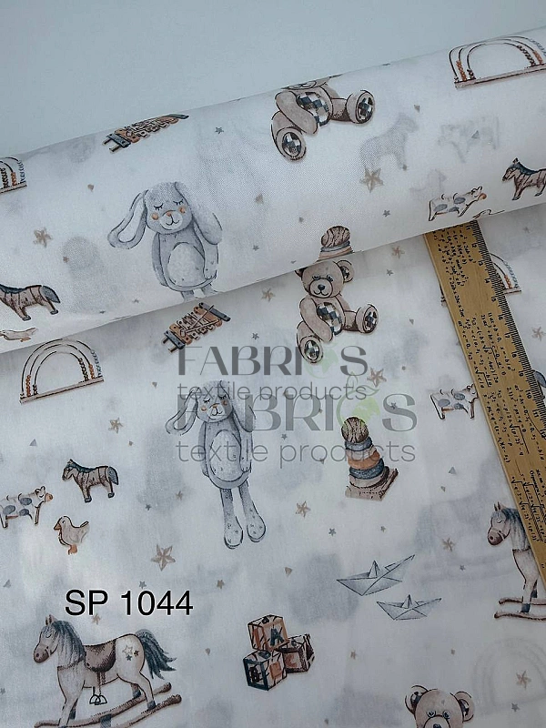SP 1044 сатин принт дитячий іграшки, ведмедики, зайчики на молочному 100% бавовна 160 см 115-120 гра
