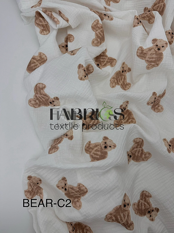 BEAR-C2 | MUSLIN PRINTING-BEAR-C2 Муслін жатка 2-х шаровий принт звірята ведмедики Тедді на молочном