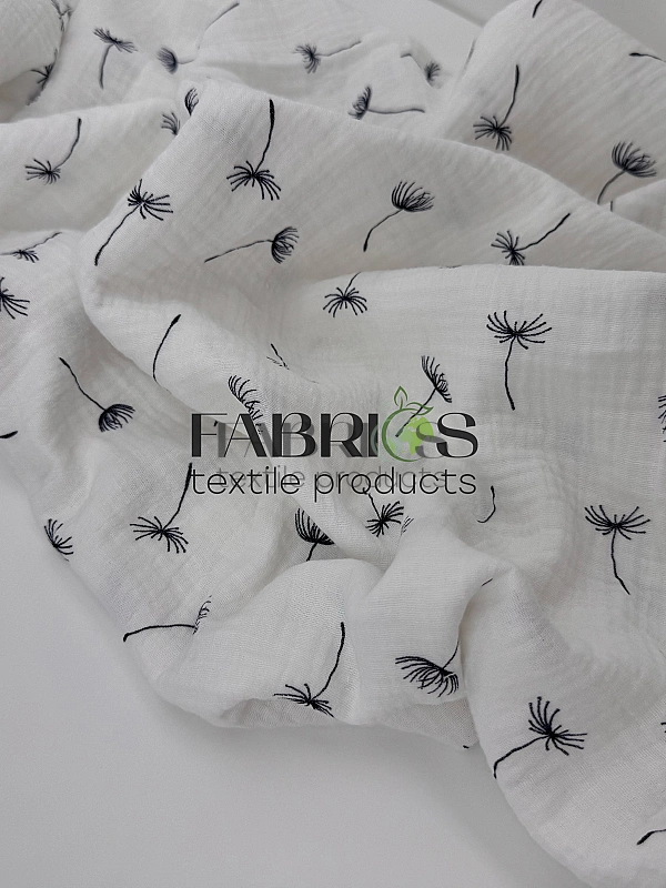 STAR-80008 | MUSLIN PRINTING-STAR-80008 Муслін жатка 2-х шаровий принт квіти кульбабка на молочному
