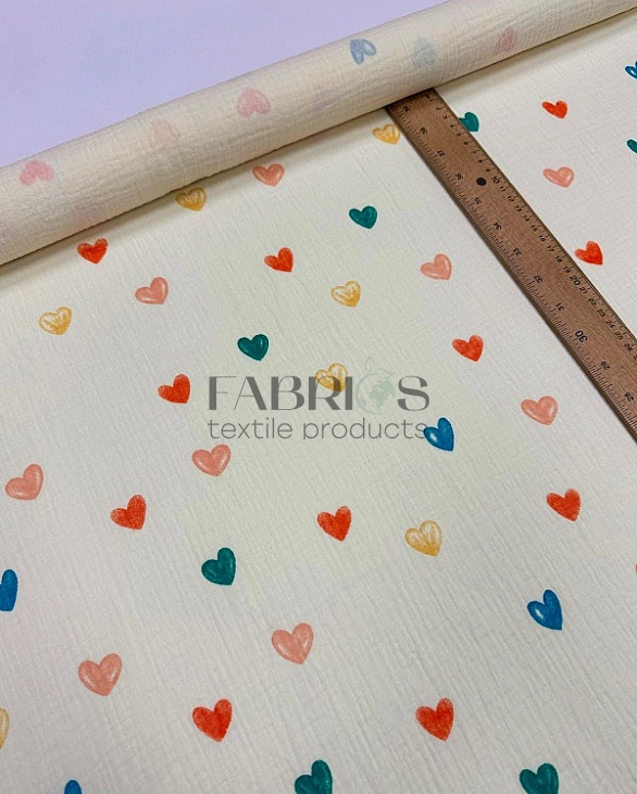 RAINBOW-C06102 Муслін 2-х шаровий принт LOVE сердечки великі акварельні різнокольорові на айворі 100
