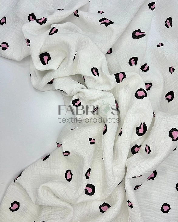M17C2 | MUSLIN PRINTING-M17C2 Муслін жатка 2-х шаровий принт цятки леопард чорно-рожеві на молочному