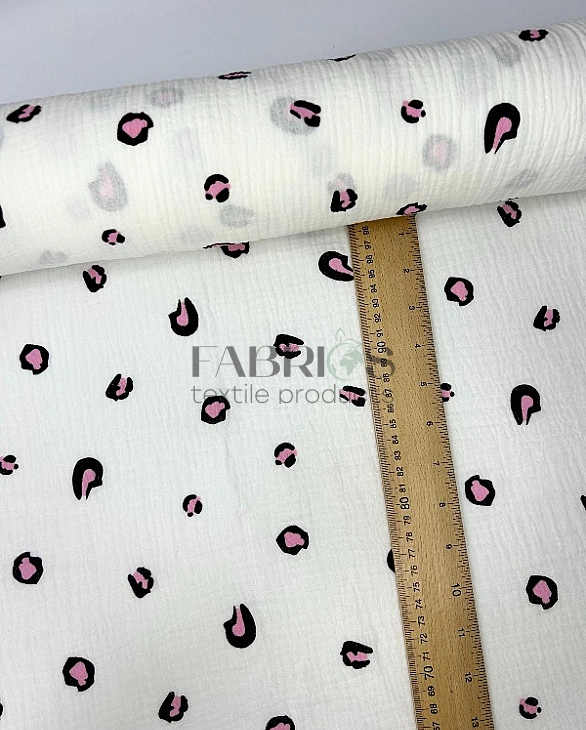 M17C2 | MUSLIN PRINTING-M17C2 Муслін жатка 2-х шаровий принт цятки леопард чорно-рожеві на молочному