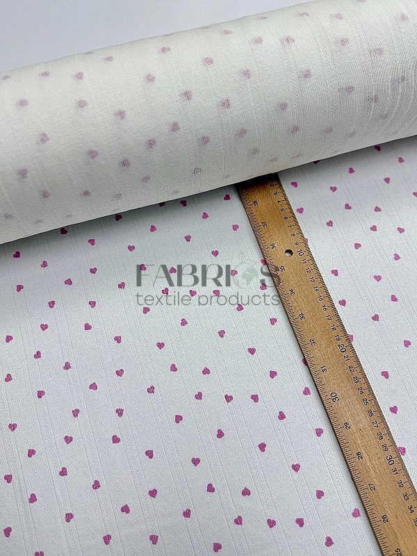 OCT12-C011 Ажурний трикотаж  принт LOVE сердечки рожеві на молочному 100% бавовна  175-180 см 170 гр