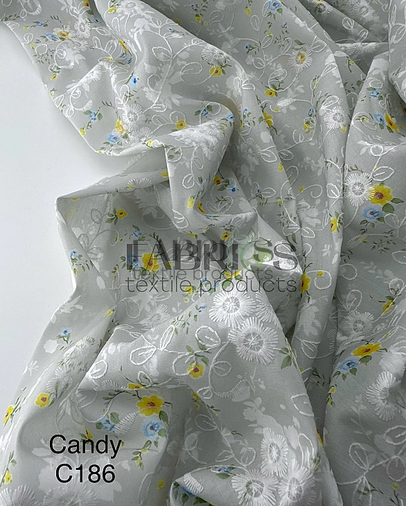 CANDY-C186 батист принт квіти Вишивка жовті і блакитні на сірому 100% бавовна 135см 90-100 грам/м.кв