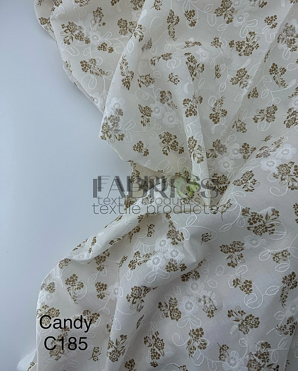 CANDY-C185 батист принт квіти Вишивка бежеві на айворі 100% бавовна 135см 90-100 грам/м.кв.