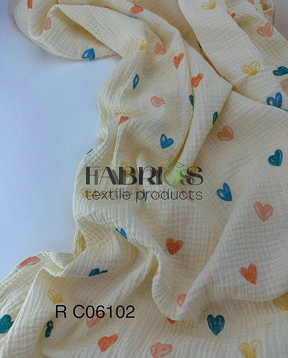RAINBOW-C06102 Муслін 2-х шаровий принт LOVE сердечки великі акварельні різнокольорові на айворі 100