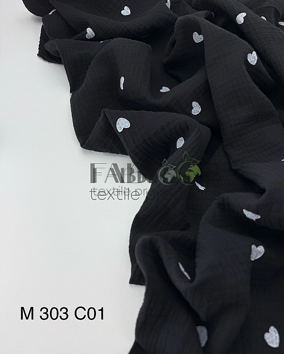 M 303 C01 Муслін 2-х шаровий принт LOVE сердечки середні білі на чорному 100% бавовна 135-140 см 125