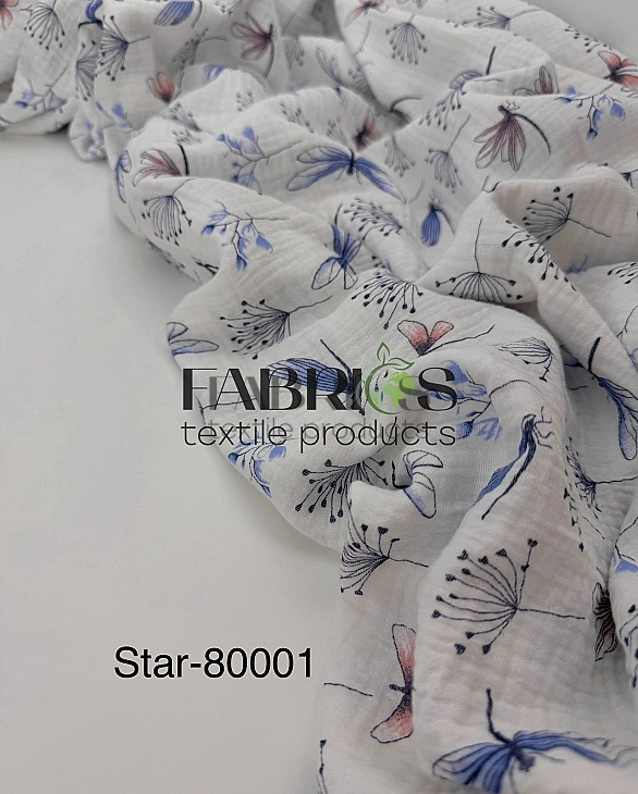 STAR-80001 Муслін жатка 2-х шаровий принт квіти блакитні бабки метелики на білому 100% бавовна 135-1