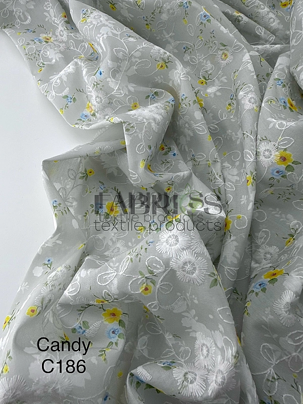 CANDY-C186 батист принт квіти Вишивка жовті і блакитні на сірому 100% бавовна 135см 90-100 грам/м.кв