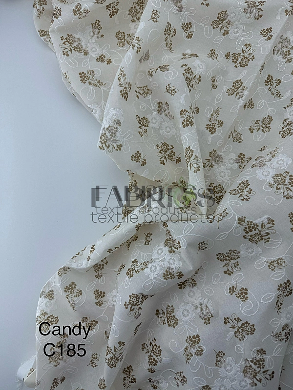 CANDY-C185 батист принт квіти Вишивка бежеві на айворі 100% бавовна 135см 90-100 грам/м.кв.
