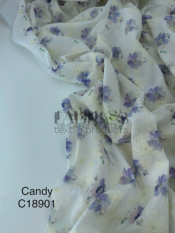 CANDY-C18901 батист принт квіти вишивка акварельні фіолетові на молочному 100% бавовна 135см 90-100