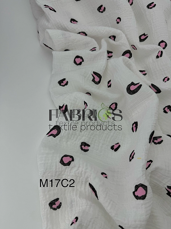 M17C2 | MUSLIN PRINTING-M17C2 Муслін жатка 2-х шаровий принт цятки леопард чорно-рожеві на молочному