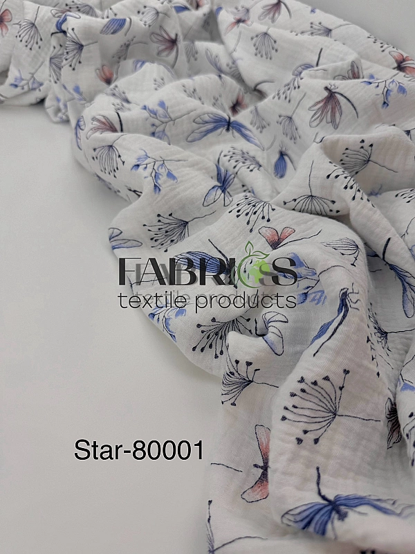 STAR-80001 Муслін жатка 2-х шаровий принт квіти блакитні бабки метелики на білому 100% бавовна 135-1