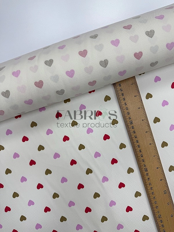 SP 1038 сатин принт LOVE сердечки рожеві, фіолетові, коричневі на молочному 100% бавовна 160 см 115-