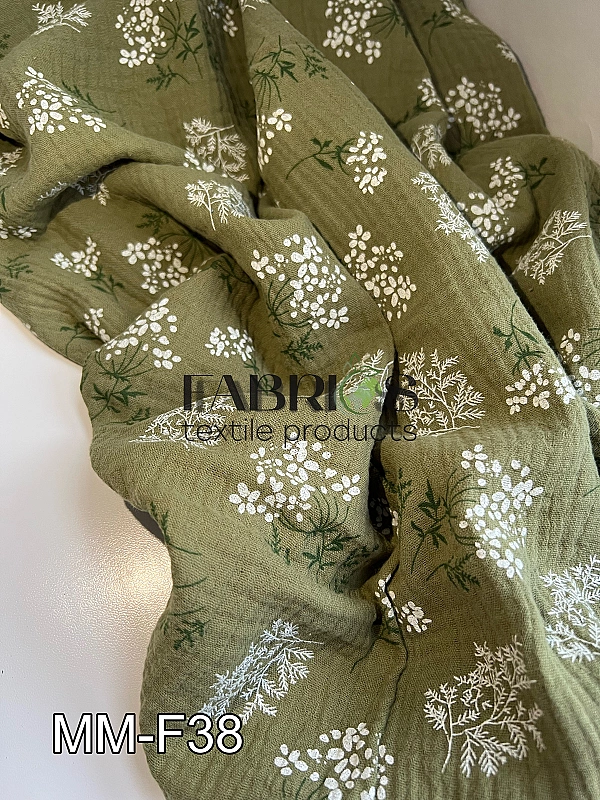 MM-F83(f38) Муслін жатка 2-х шаровий принт квіти мімози на хакі 100% бавовна 135-140 см 125-135 грам
