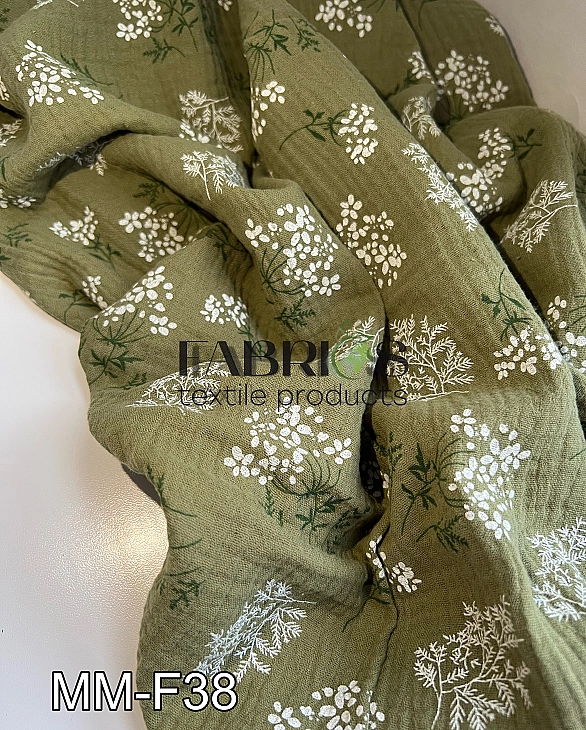 MM-F83(f38) Муслін жатка 2-х шаровий принт квіти мімози на хакі 100% бавовна 135-140 см 125-135 грам