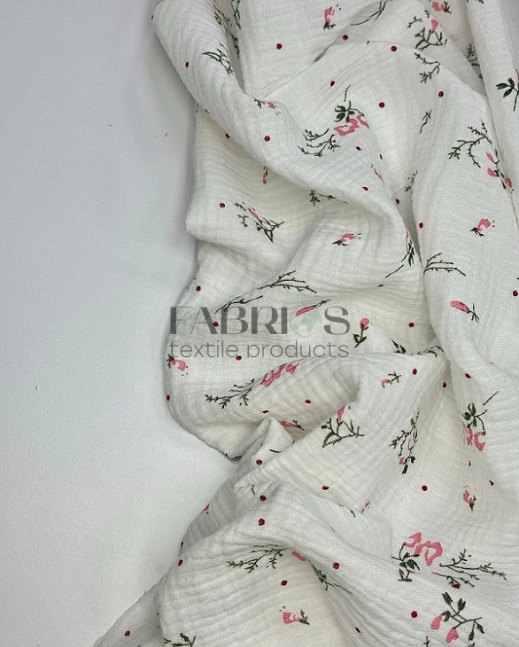 M 5002 C2 | MR C04301 | RAINBOW-C04301 Муслін жатка 2-х шаровий принт квіти прованс рожевий на молоч
