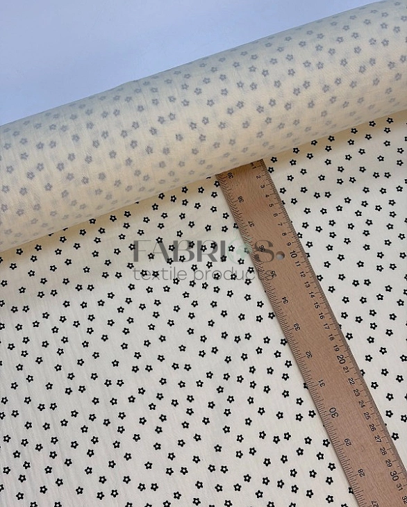 LEAD-11 Муслін жатка 2-х шаровий принт квіти дрібні чорні на айворі 100% бавовна 135-140 см 125-135