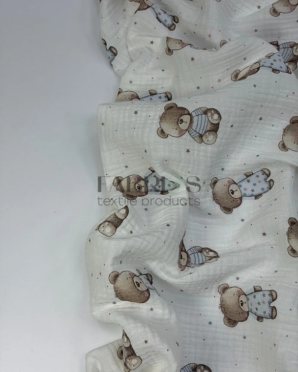 M 2060 C2 муслін жатка 2-х шаровий принт на молочному дитячий ведмедики з зірочками 100% бавовна 135