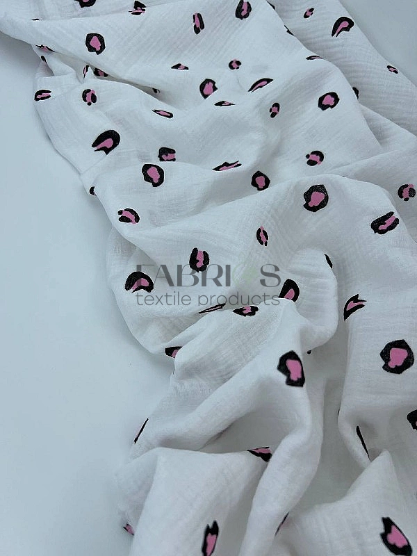 M17C2 | MUSLIN PRINTING-M17C2 Муслін жатка 2-х шаровий принт цятки леопард чорно-рожеві на молочному