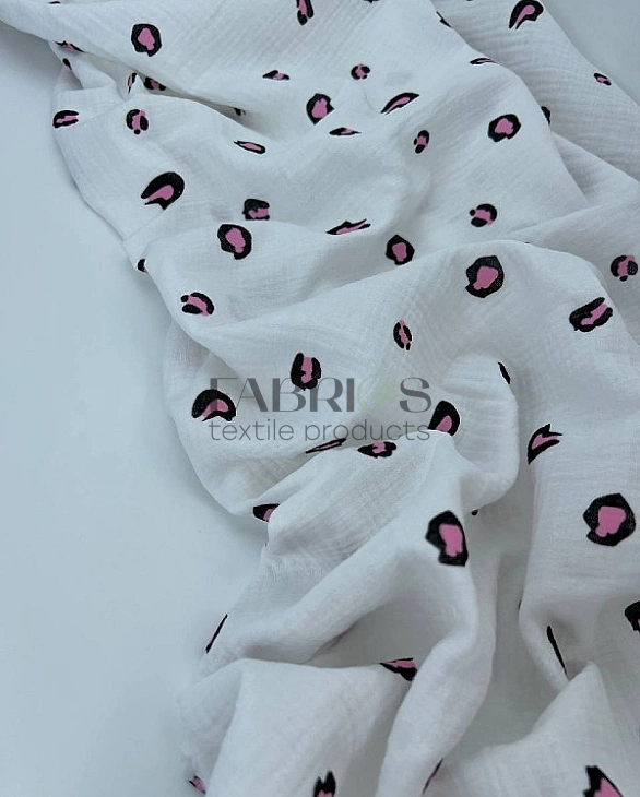 M17C2 | MUSLIN PRINTING-M17C2 Муслін жатка 2-х шаровий принт цятки леопард чорно-рожеві на молочному