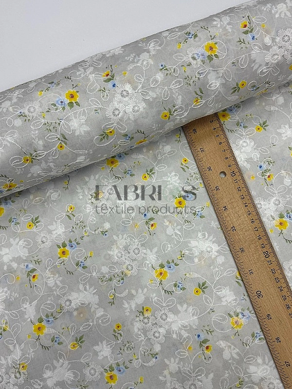 CANDY-C186 батист принт квіти Вишивка жовті і блакитні на сірому 100% бавовна 135см 90-100 грам/м.кв