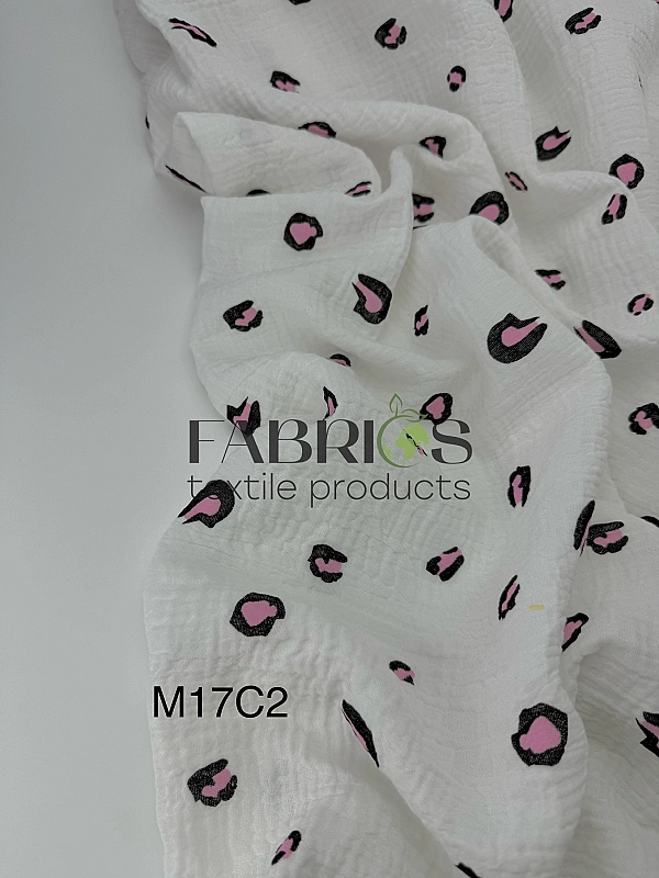 M17C2 | MUSLIN PRINTING-M17C2 Муслін жатка 2-х шаровий принт цятки леопард чорно-рожеві на молочному