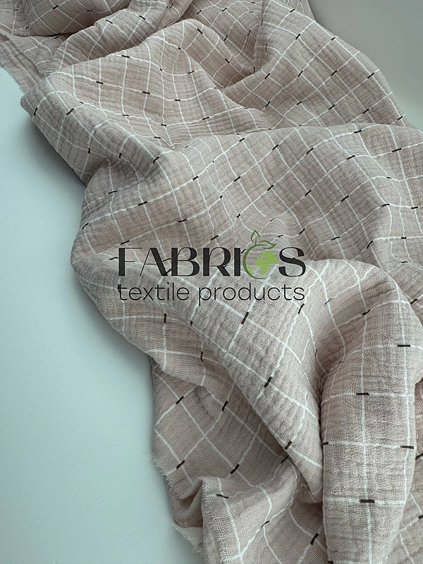 M20C5 Муслін жатка 2-х шаровий принт геометричний клітинка біла середня вузька на бежевому 100% баво