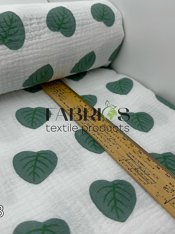 LEAD-3 Муслін жатка 2-х шаровий принт рослинний листочки лотоса на молочному 100% бавовна 135-140 см