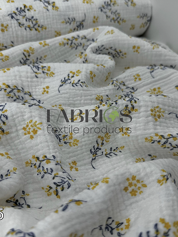LEAD-5 Муслін жатка 2-х шаровий принт рослинний гілочки сині з жовтими квітами на молочному 100% бав