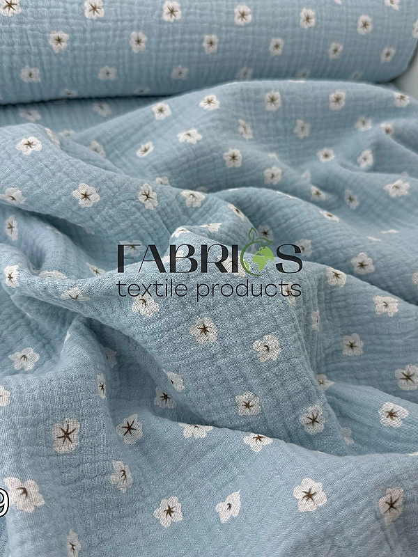 M 5031 C2 Муслін жатка 2-х шаровий принт квіти білі анемони на блакитному 100% бавовна 135-140 см 12