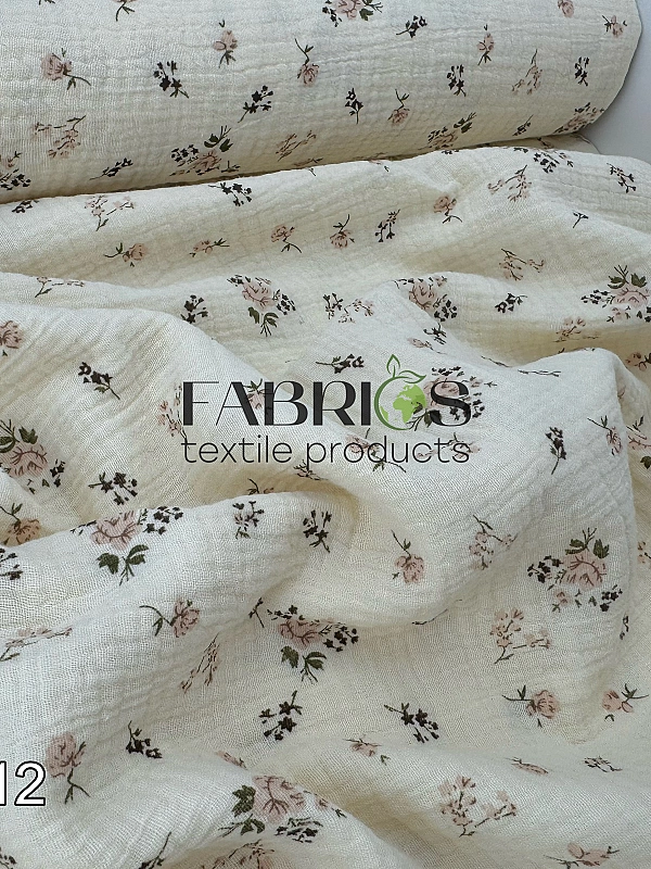 M 5043 C2 Муслін жатка 2-х шаровий принт квіти троянди бежево-пудрові з гілочками на айворі 100% бав