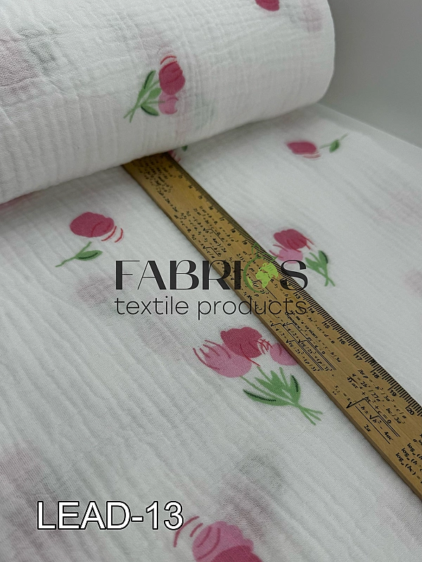 LEAD-13 Муслін жатка 2-х шаровий принт квіти букети рожевих тюльпанів на молочному 100% бавовна 135-
