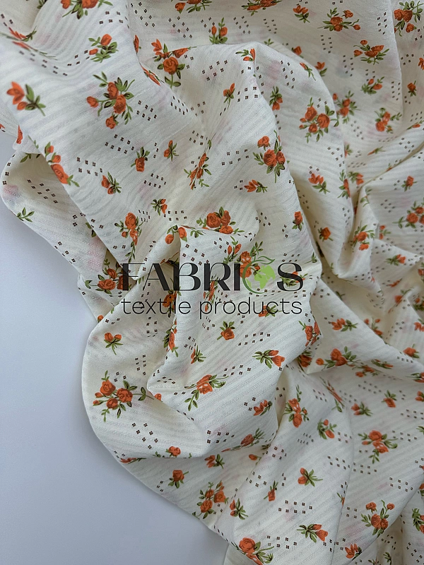 CIRCLE-10 -3 батист принт квіти троянди оранжеві на стеблі з листочками на айворі 100% бавовна 142-1