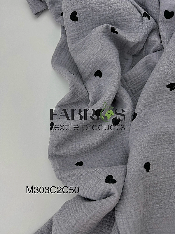 M 304 C50 Муслін жатка 2-х шаровий принт LOVE сердечки чорні середні на сірому 100% бавовна 135-140