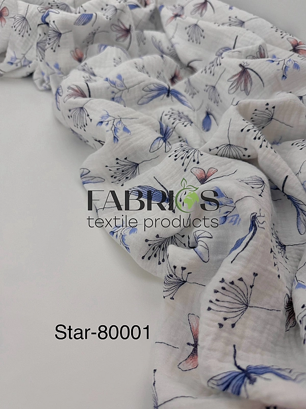 STAR-80001 Муслін жатка 2-х шаровий принт квіти блакитні бабки метелики на білому 100% бавовна 135-1