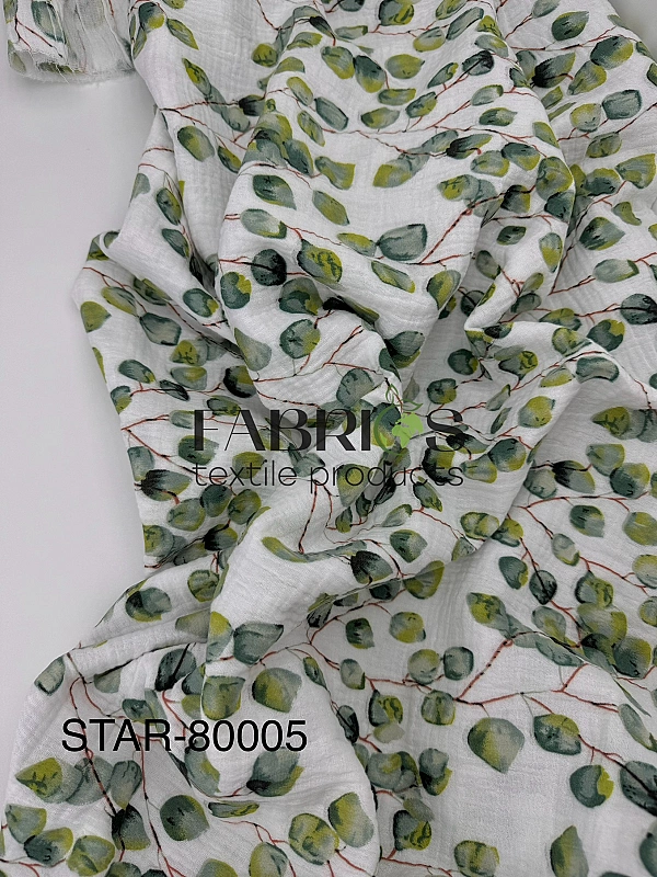 STAR-80005 Муслін жатка 2-х шаровий принт рослинний листочки евкаліпта на білому 100% бавовна 135-14