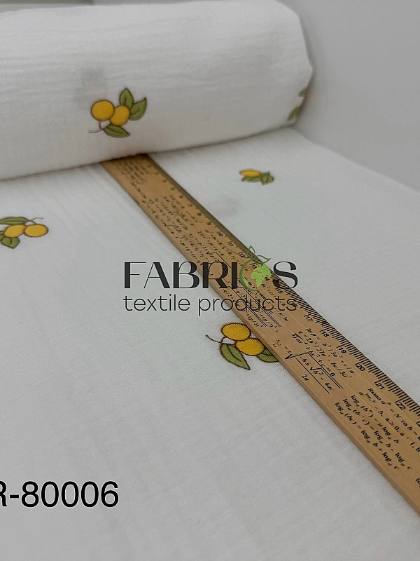 STAR-80006 Муслін жатка 2-х шаровий принт фрукти,ягоди, овочі лимони з листочками на молочному 100%