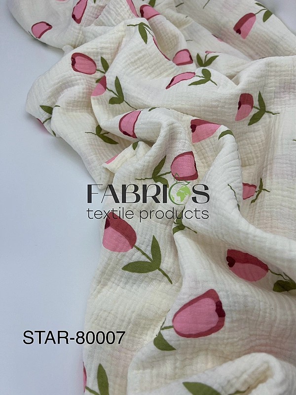STAR-80007 Муслін жатка 2-х шаровий принт квіти тюльпани великі на айворі 100% бавовна 135-140 см 12