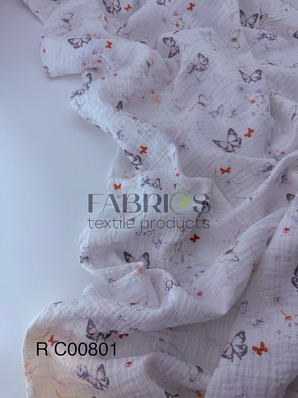 MR C00801 | RAINBOW-C00801 Муслін жатка 2-х шаровий принт звірята метелики на молочному 100% бавовна