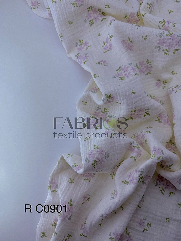 MR C00901 | RAINBOW-C00901 Муслін жатка 2-х шаровий принт квіти бузок на айворі 100% бавовна 135-140