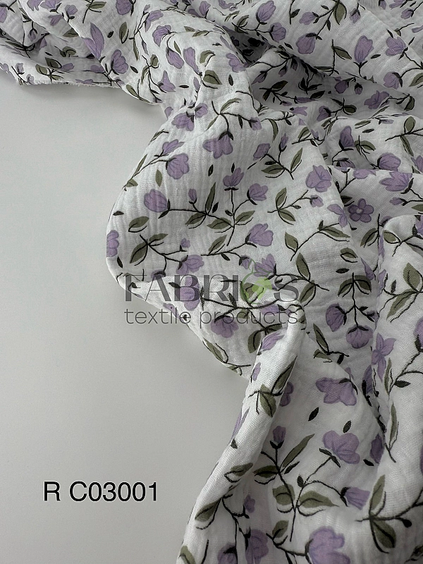 MR C03001 | RAINBOW-C03001 Муслін жатка 2-х шаровий принт квіти фіолетові крокуси на білому 100% бав