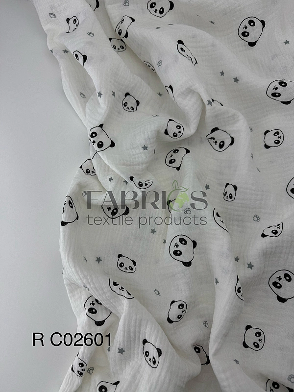 MR C02601 | RAINBOW-C02601 Муслін жатка 2-х шаровий принт звірята пандочки з зірочками на молочному