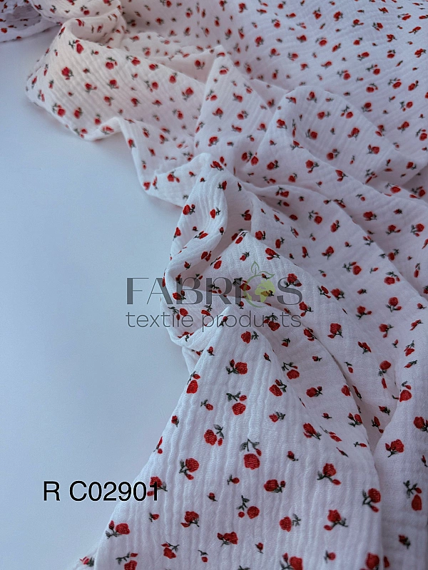 MR C02901 | RAINBOW-C02901 Муслін жатка 2-х шаровий принт квіти троянди червоні дрібні на білому 100