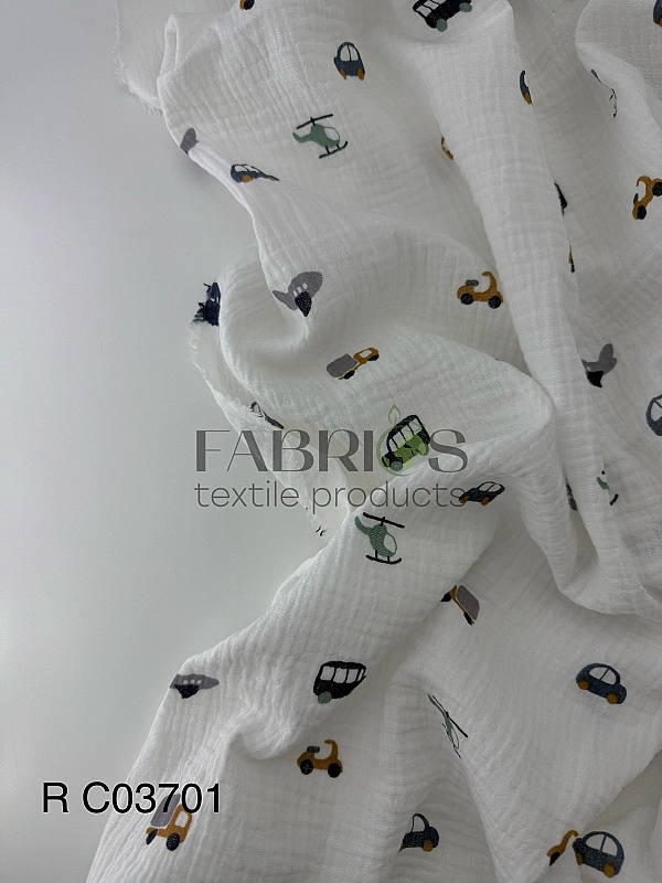 M 2017 C2 Муслін жатка 2-х шаровий принт дитячий машини, автобуси, літаки, мопеди на білому 100% бав