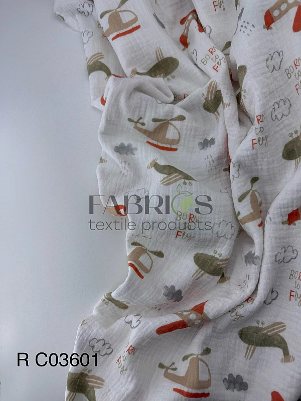 M 2014 C2 Муслін жатка 2-х шаровий принт дитячий літаки, хмарки на білому 100% бавовна 135-140 см 12