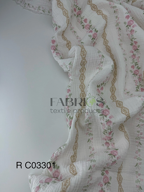 MR C03301 | RAINBOW-C03301 Муслін жатка 2-х шаровий принт квіти троянди рожеві з бежевим візерунком