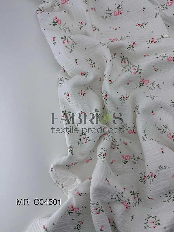 M 5002 C2 | MR C04301 | RAINBOW-C04301 Муслін жатка 2-х шаровий принт квіти прованс рожевий на молоч